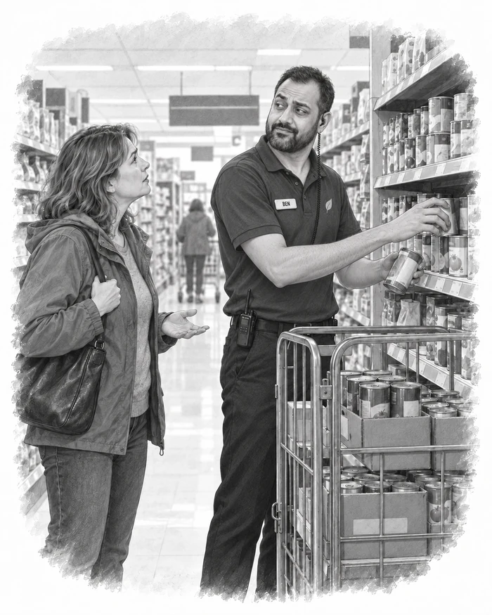 Ben, in his work uniform and name badge, stacks shelves while a customer asks if he works there.