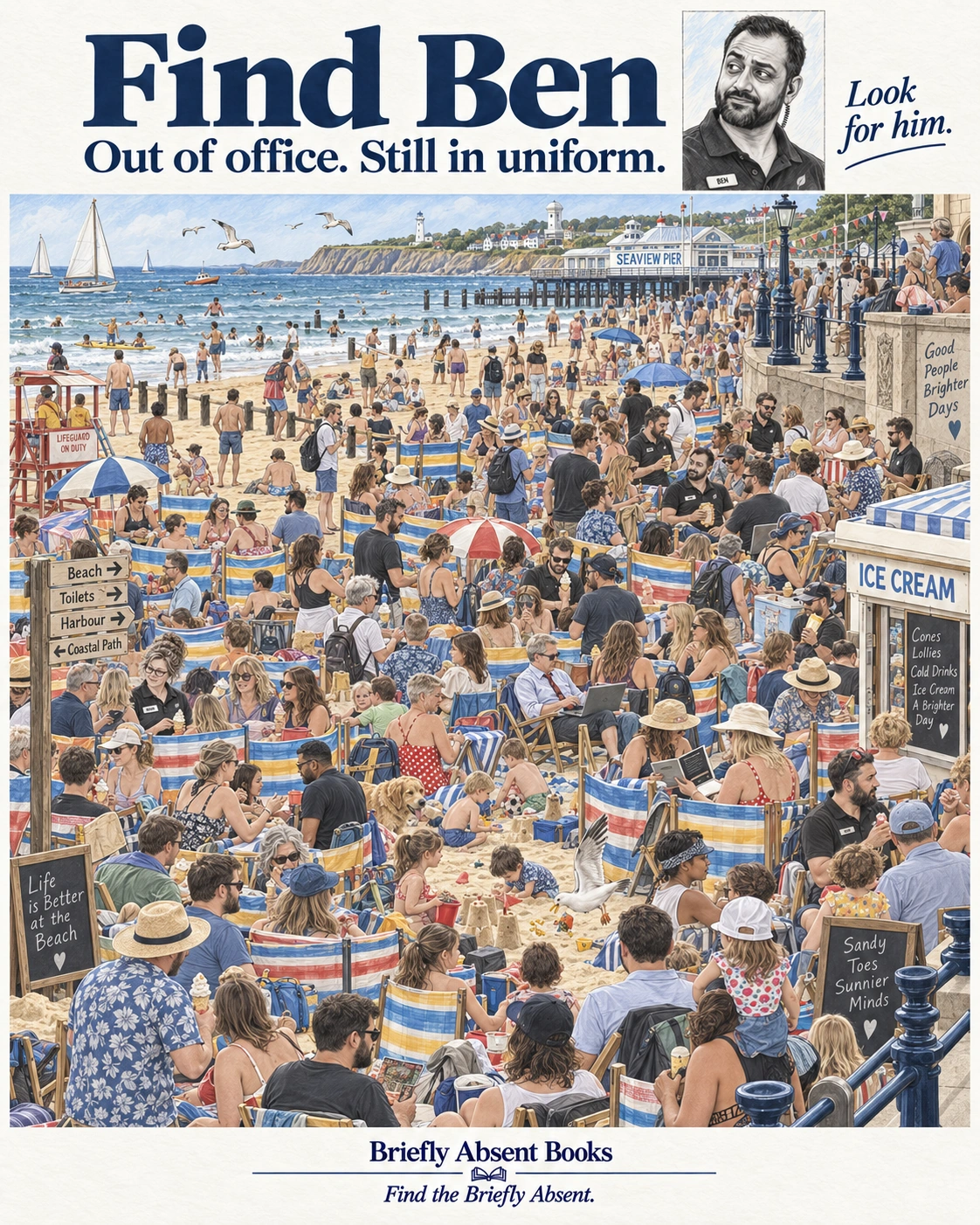 A crowded beach with families, windbreaks and beachgoers. Find Ben in his dark work polo.
