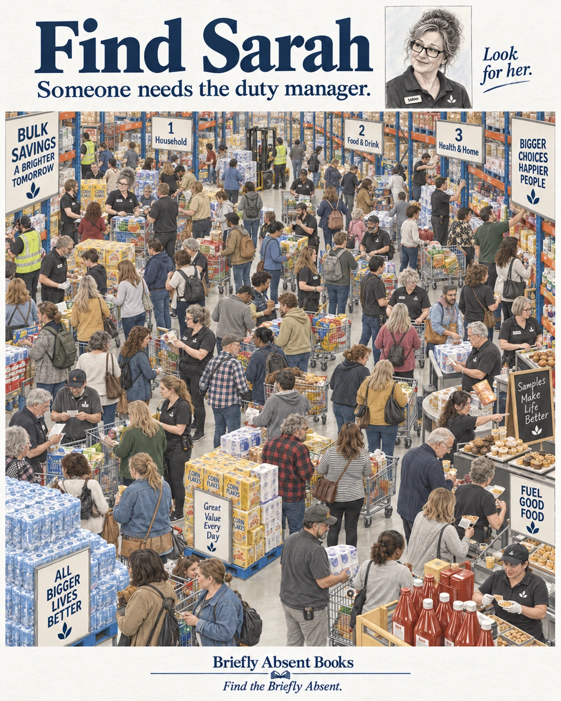 A detailed warehouse shop full of customers and staff. Find Sarah, with her grey curly updo and rectangular glasses.