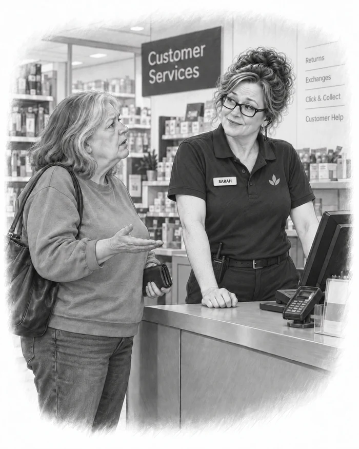 Sarah, wearing her SARAH badge, faces a customer at the customer-service counter.